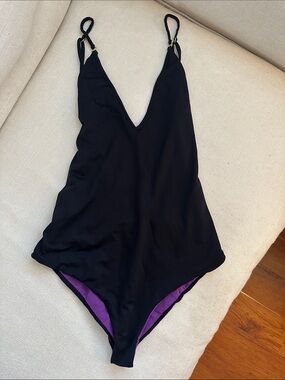 Black One-Piece Swimsuit with Purple Lining - Women's